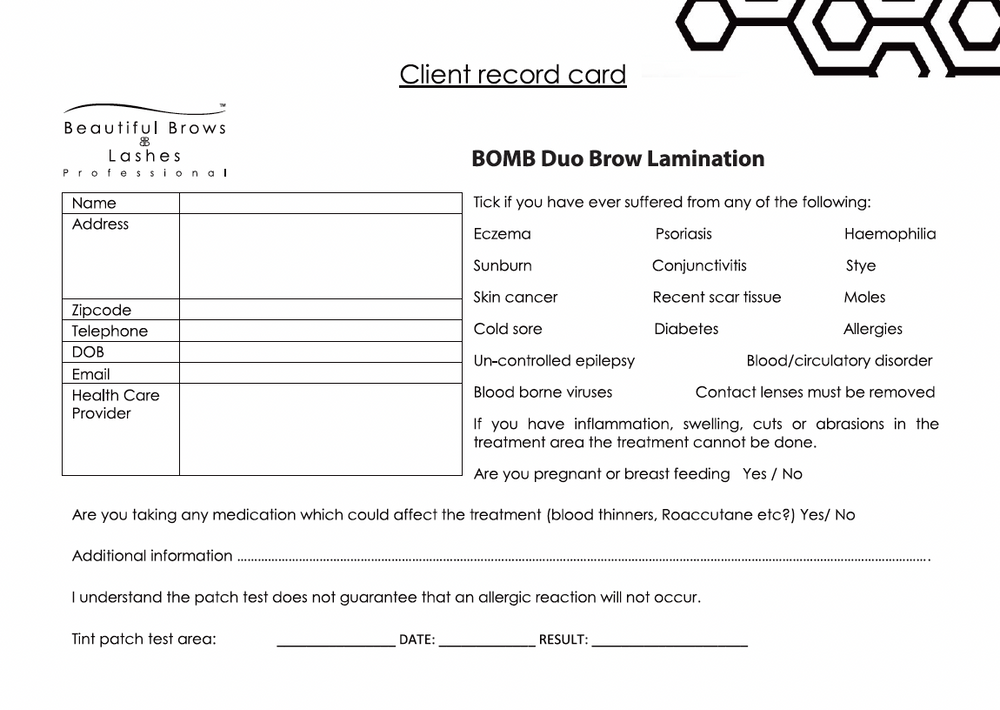 Lash Lift & Tint Client Record Card Treatment Consultation Form